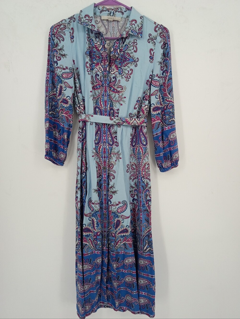 LOFT Light Blue Paisley Midi Shirtdress with Belt